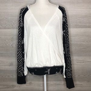 Free People Black White Loose Deep V Top Large
